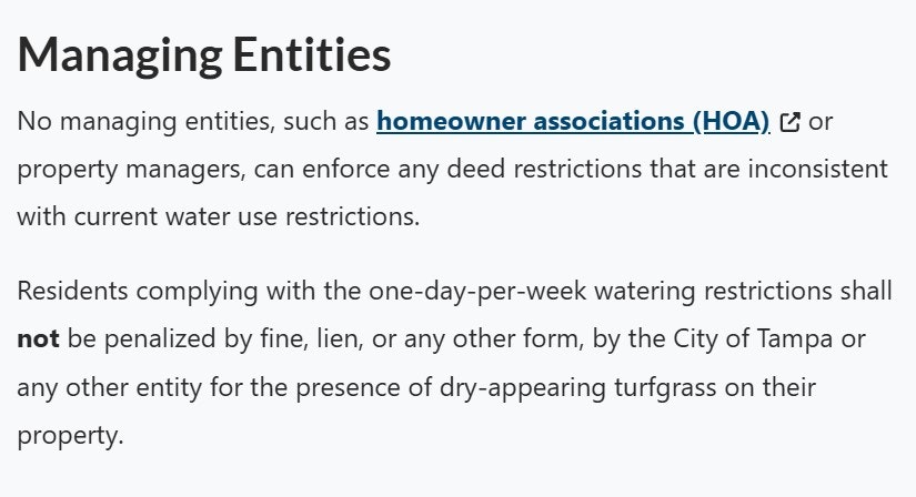 HOAs can't enforce deed restrictions against current water use limits; no penalties for dry turf if watering is once a week.