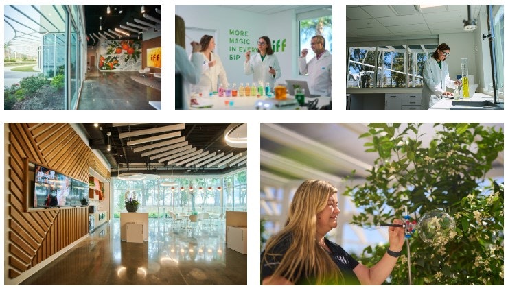 Modern interiors and labs with scientists in white coats, office spaces, and a woman examining a plant with a magnifying glass.