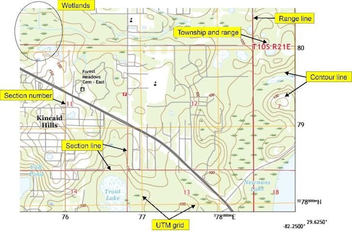A topographic map labeled with features like wetlands, contour lines, township and range, UTM grid, and section numbers.