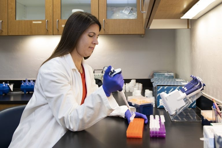 A scientist pipetting samples in a lab.