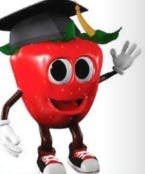 A cartoon strawberry character wearing a graduation cap and shoes, waving.