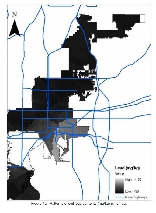 Map of Tampa showing soil lead levels; high (>150 mg/kg) to low (<30 mg/kg), with major highways in blue.