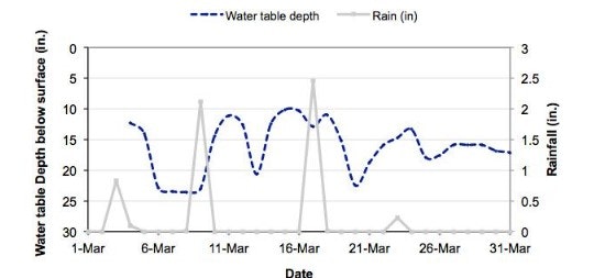 Graph showing water table depth and rainfall in inches from March 1 to March 31; water depth fluctuates, rainfall occurs sporadically.