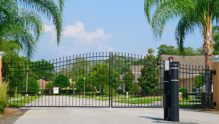 An ornate black metal gate with palm trees and a blue sky.