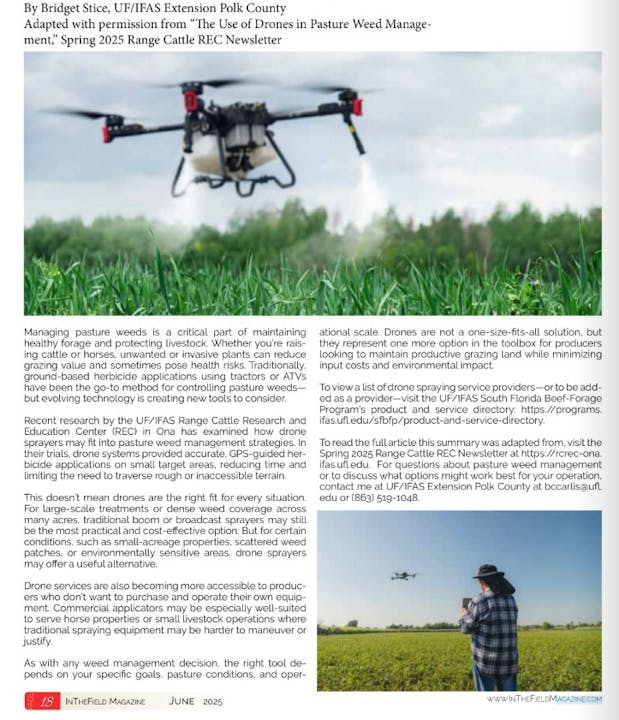 A drone flying over a field with people observing, as part of a discussion on using drones for pasture weed management.