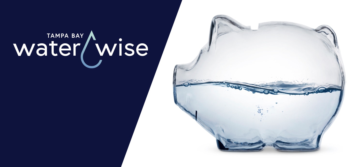 Tampa Bay Water Wise logo and a transparent piggy bank with water level inside it, suggesting savings or conservation.