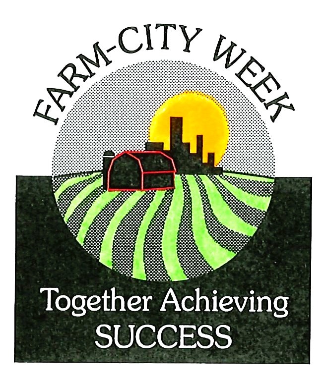 Farm-City Week logo with a farm and city skyline, sun, fields; text: "Together Achieving Success."