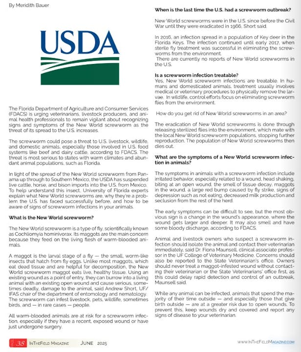 The image is a page from In The Field Magazine about USDA screwworms, their threat, symptoms, treatment, and spread in the U.S.
