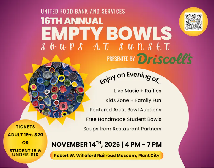 A flyer for the 16th Annual Empty Bowls event on November 14, 2026.