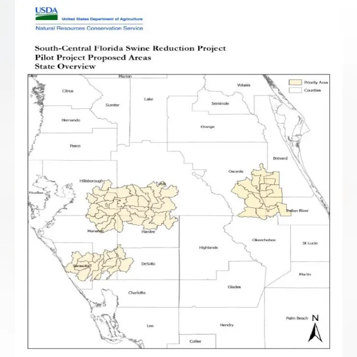 Map showing proposed areas for the South-Central Florida Swine Reduction Project by the USDA.