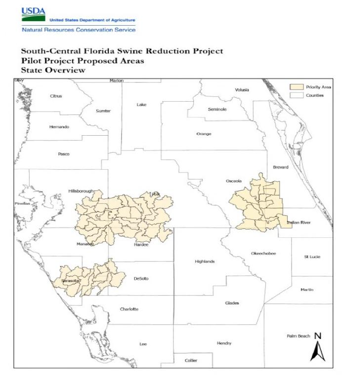 Map showing proposed areas for the South-Central Florida Swine Reduction Project by the USDA.