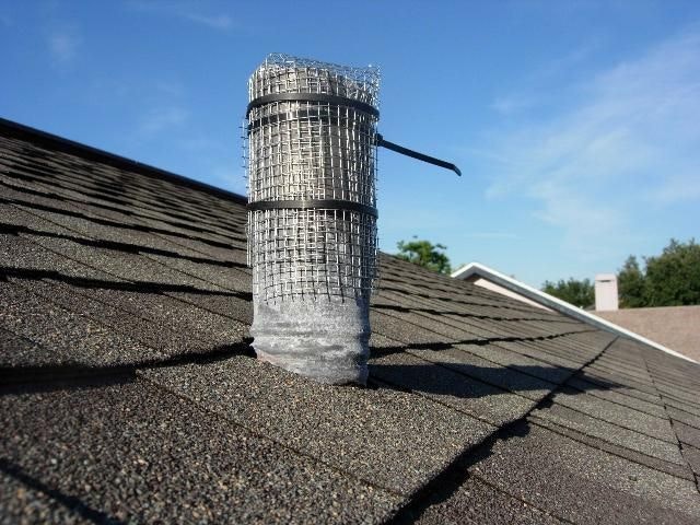 A roof with an asphalt shingle finish and a metal chimney cap against a clear blue sky.