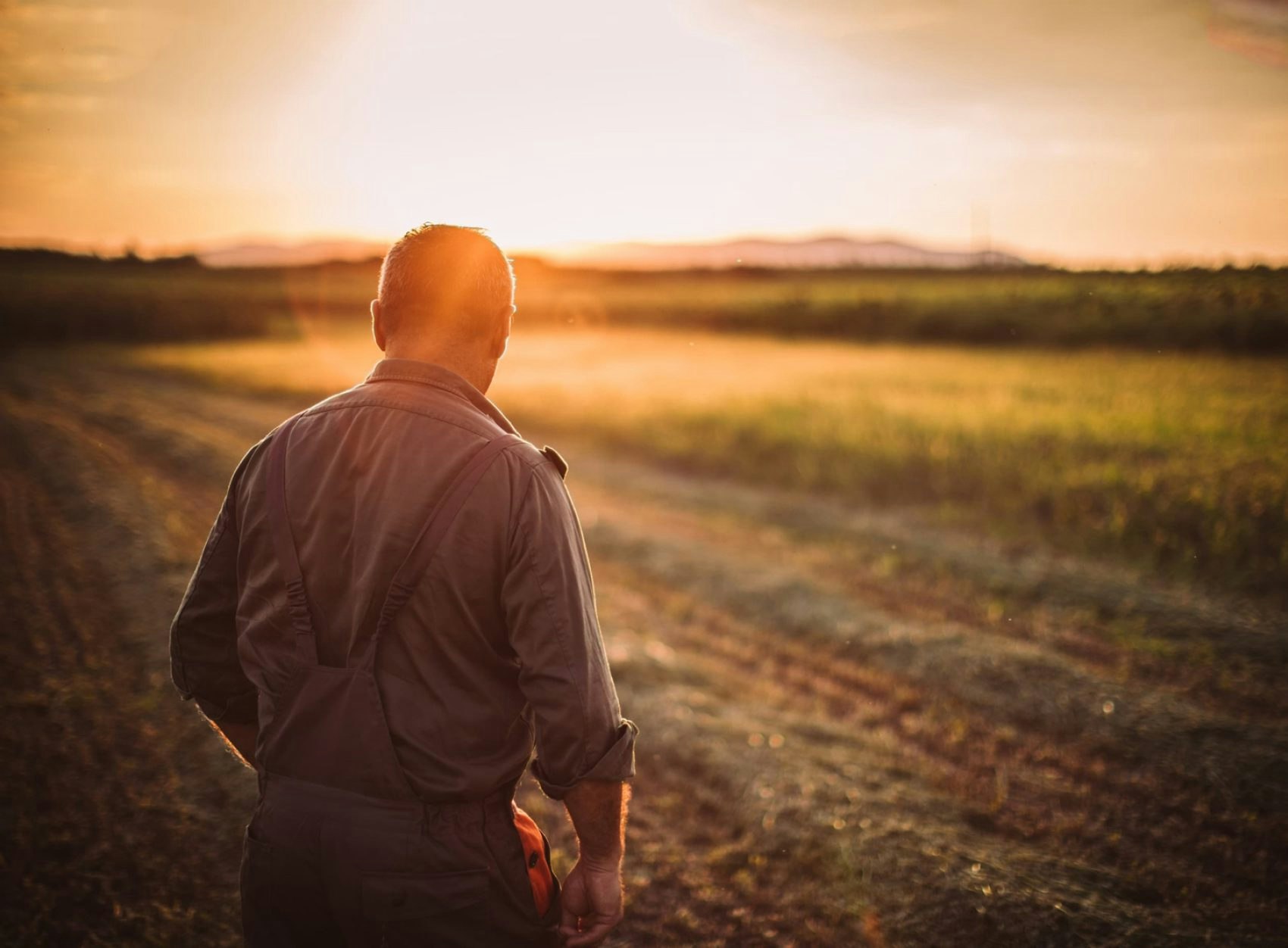A person wearing overalls stands in a field at sunset.