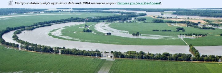 Flooded agricultural fields with water covering large areas, trees lining the fields, and a few scattered structures.