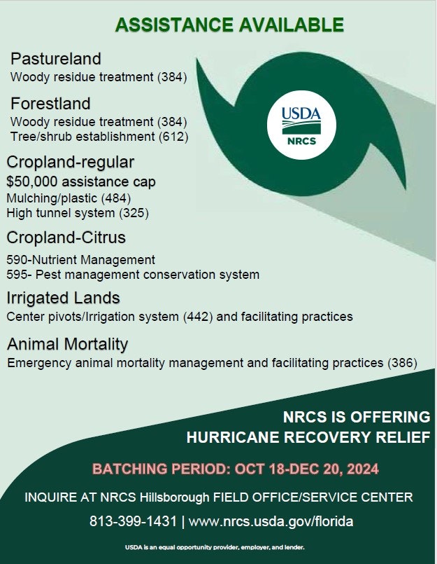 A USDA NRCS flyer detailing assistance available for hurricane recovery, including various land management practices.