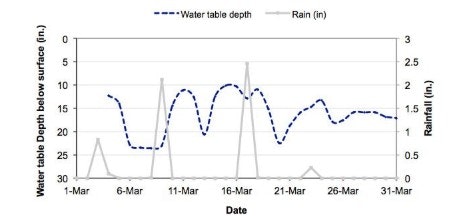 Graph showing March water table depth and rainfall. Water table fluctuates; spikes in rainfall on March 6, 12, and 18.