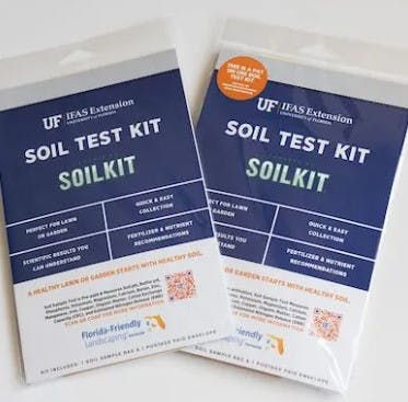 Two UF IFAS Extension Soil Test Kits for gardens, featuring easy collection and nutrient recommendations.