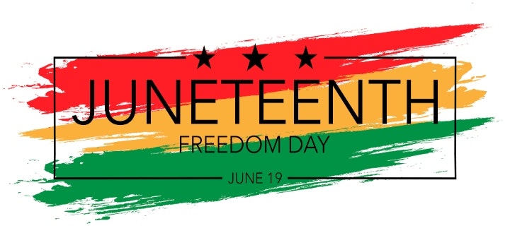 Juneteenth Freedom Day graphic with red, yellow, and green brush strokes, black stars, and text "June 19".