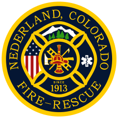 Emblem of Nederland, Colorado Fire-Rescue, featuring an axe, flags, mountains, and symbols for firefighting and medical services.