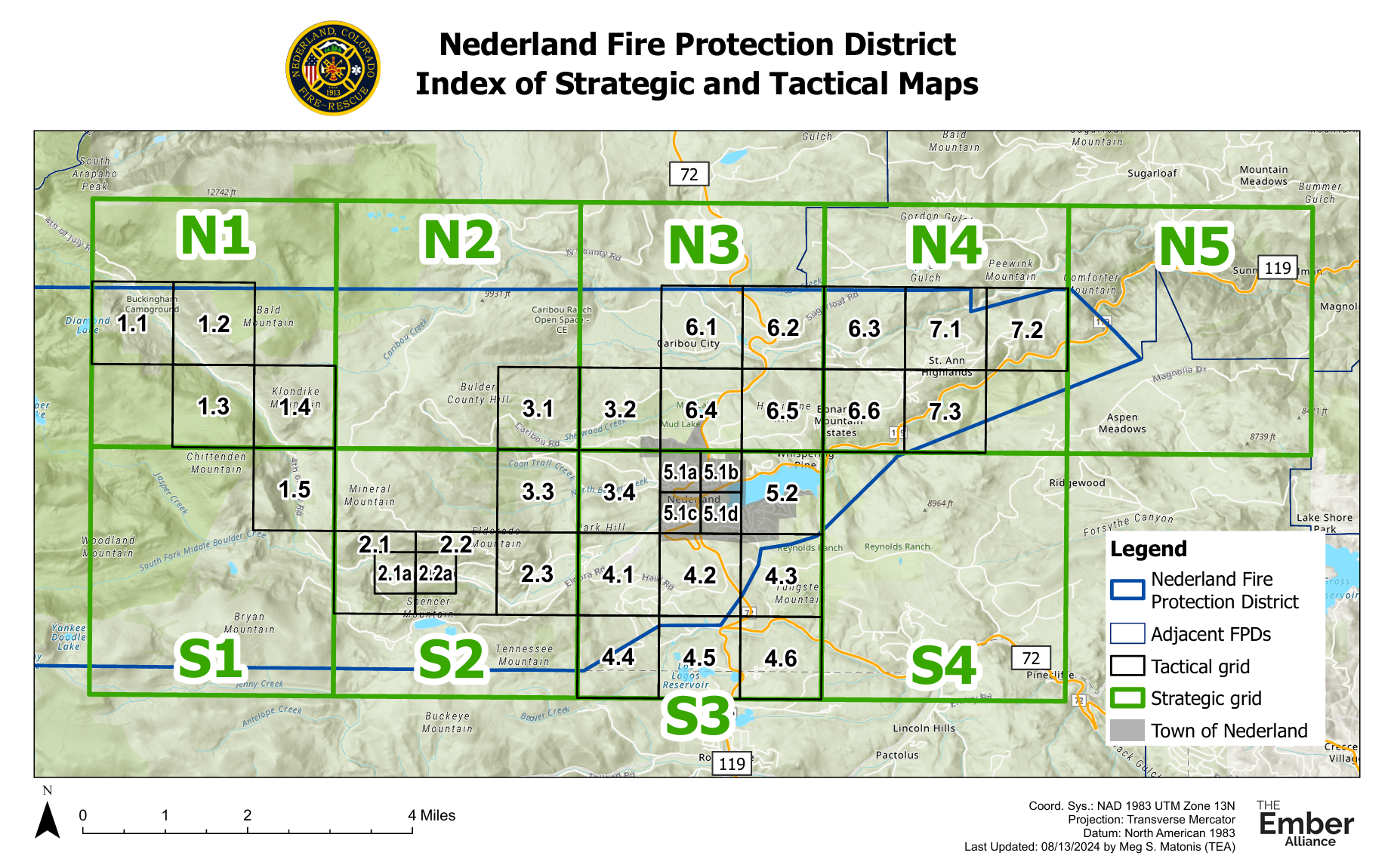 Map of Nederland Fire Protection District with strategic and tactical grids, legends, and region labels.