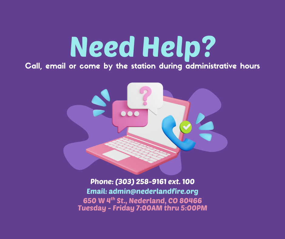 "Need Help? Contact info: Phone, email, address with admin hours Tue-Fri 7AM-5PM. Background in purple with laptop illustration."