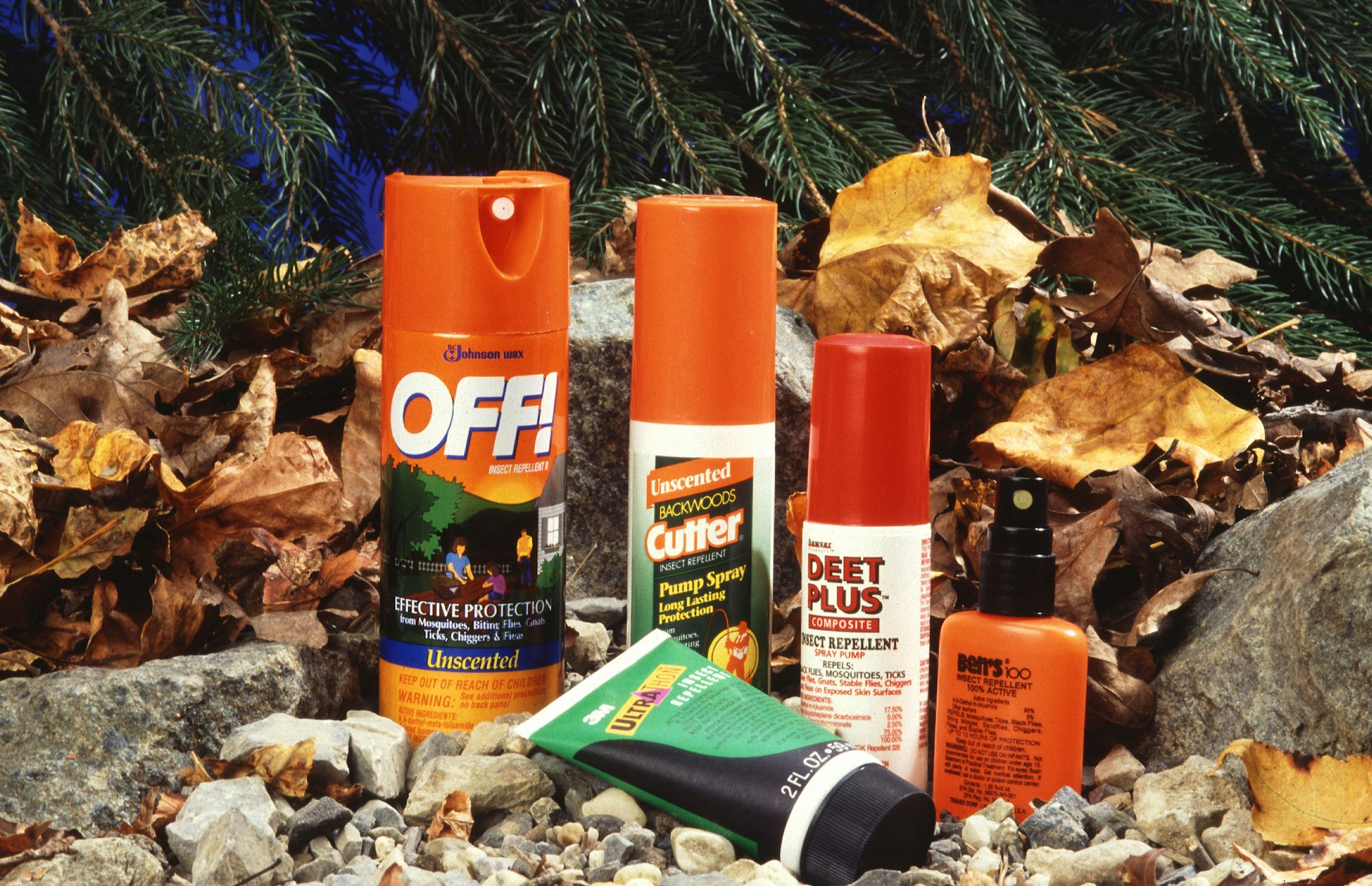 Various insect repellent sprays and a lotion among autumn leaves and pine branches.