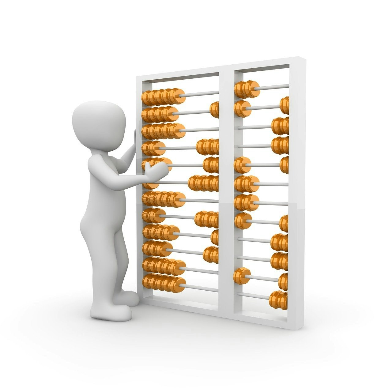 A 3D figure is using an abacus.