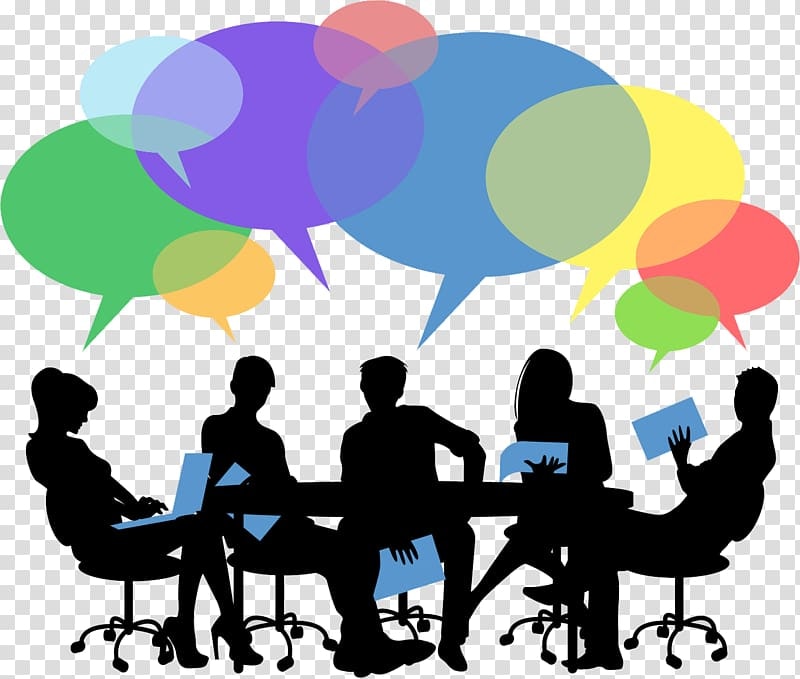 Silhouettes of five people at a table with colorful speech bubbles above them, depicting a discussion.