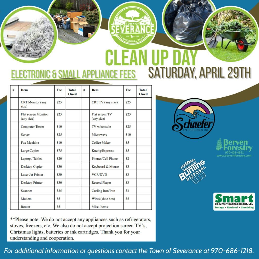 Flyer for Town of Severance Clean Up Day, with electronic & small appliance fees listed, event date, and contact info.