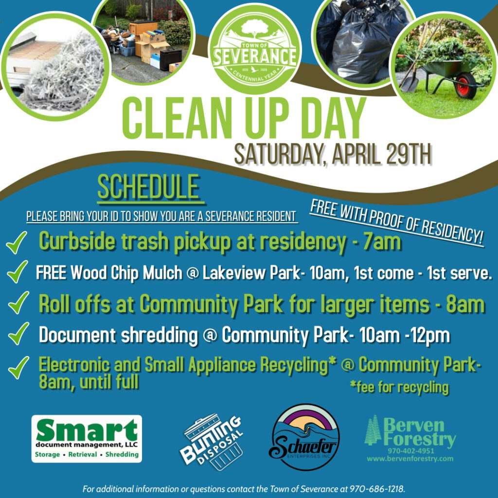 A flyer for Severance Cleanup Day on April 29th, with schedule for trash pickup, mulch, item drop-off, shredding, and recycling.