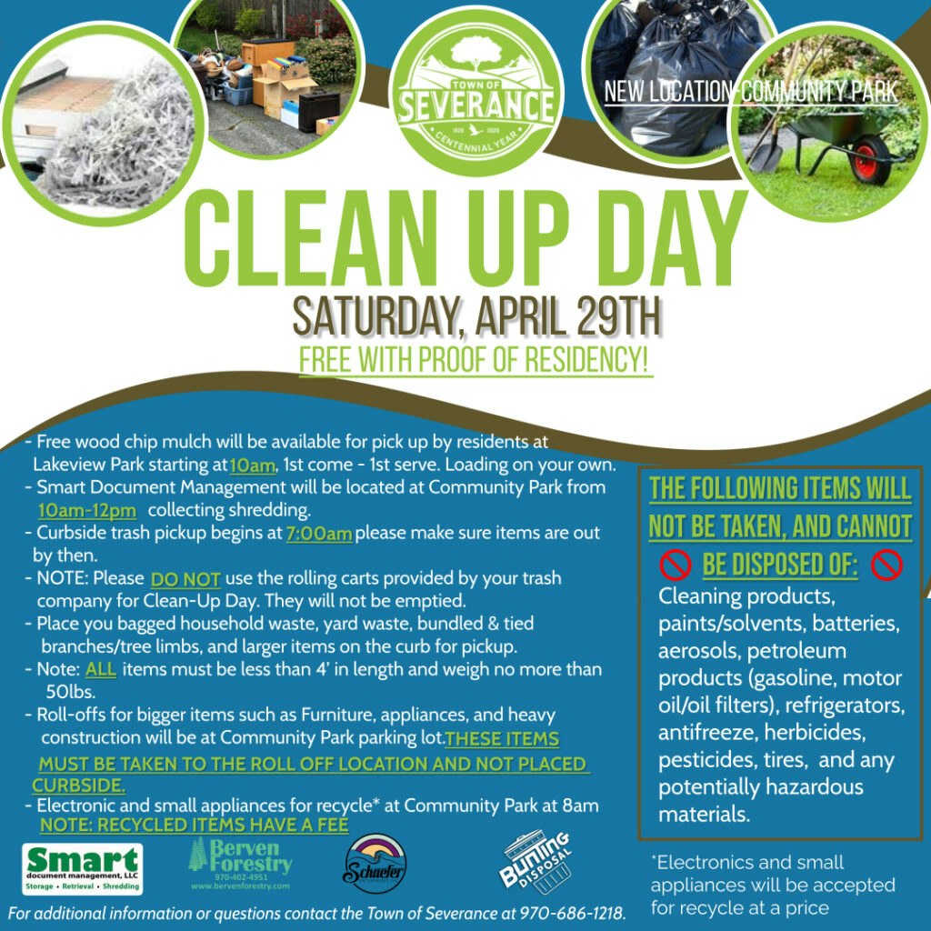 The image is a flyer for a "Clean Up Day" event in the Town of Severance on April 29th, detailing free services and items not accepted.