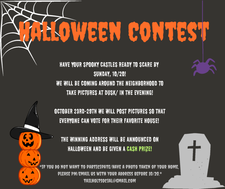 A Halloween contest flyer with dates, details on participation, voting, and a cash prize, and contact information.