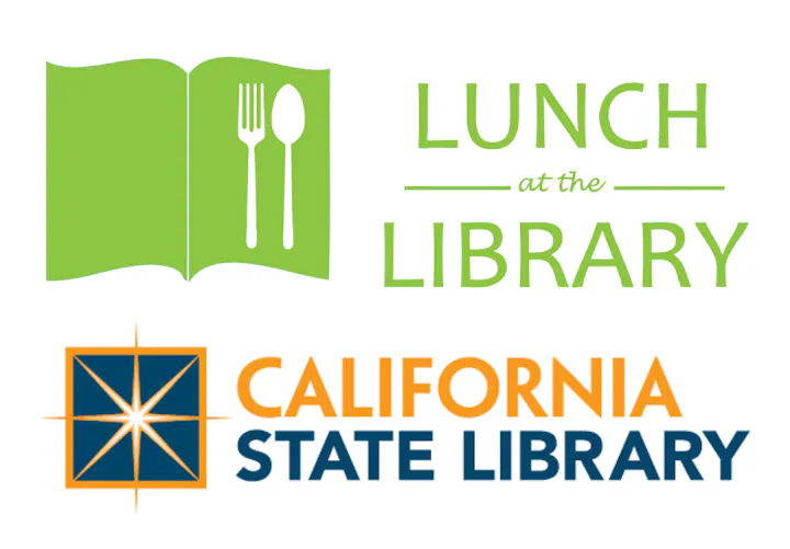 The image promotes "Lunch at the Library" in association with the California State Library, featuring a book and utensils.