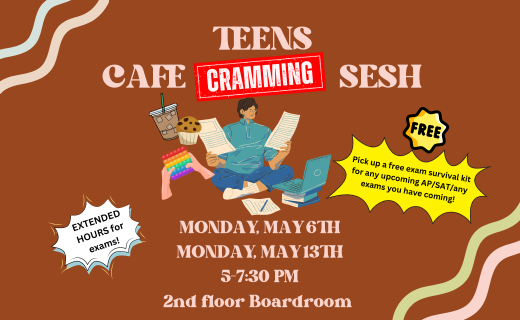 A colorful flyer for teen study sessions with times, dates, free exam kits, and snacks.