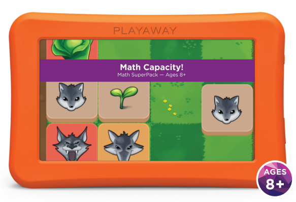 Tablet with an orange case showing a math game with wolves and plants, labeled "Math Capacity!" for ages 8+.