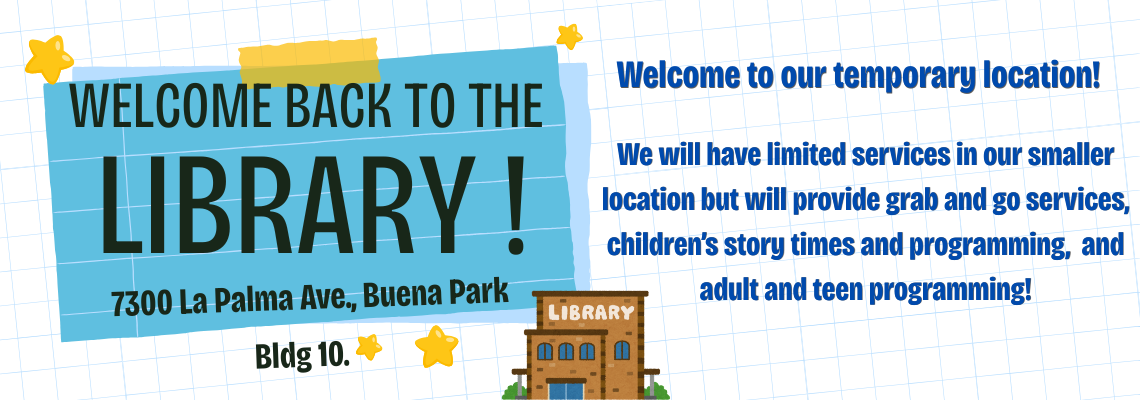 The image announces the return of a library at a temporary location with limited services and programming for all ages.