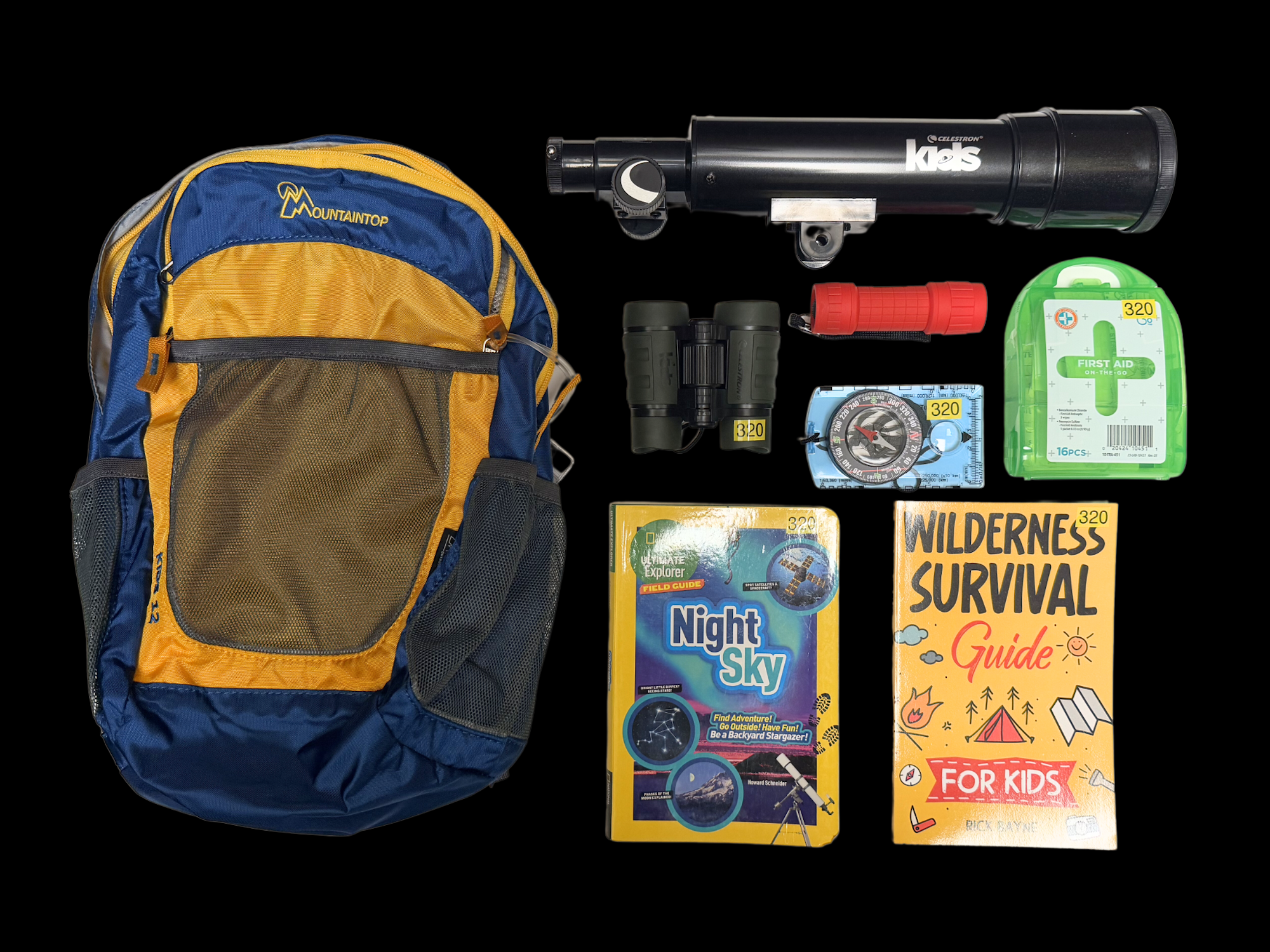 A backpack with a telescope, binoculars, flashlight, compass, first aid kit, and books on stargazing and wilderness survival.
