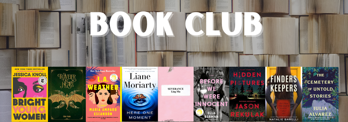 A banner with "BOOK CLUB" text over a background of open books and a row of various book covers.
