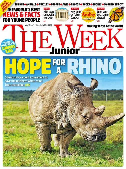 The Week Junior magazine cover featuring a rhino with text: "HOPE FOR A RHINO"
