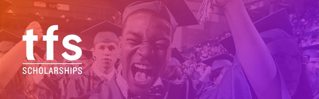 Graduating students celebrating, "TFS Scholarships" text overlay, likely promoting scholarship opportunities.
