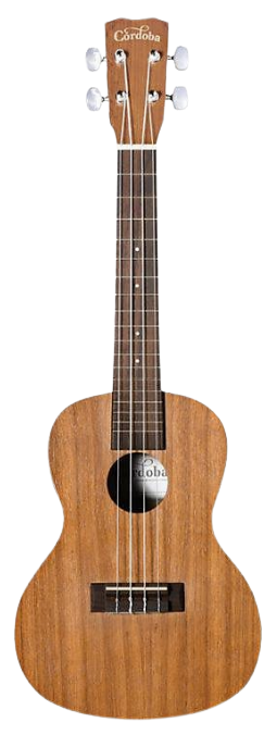 A brown ukulele with four strings and tuning pegs, labeled Cordoba.
