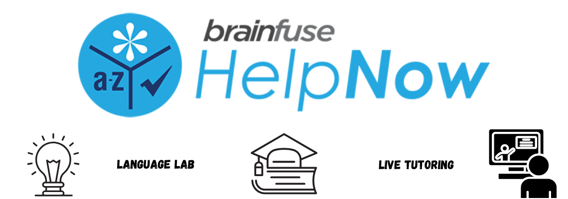 Brainfuse HelpNow logo with icons for Language Lab, Live Tutoring, and more.