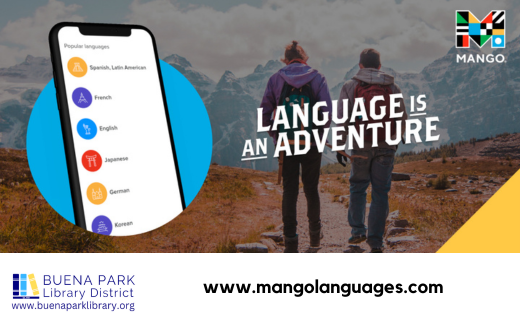 Ad for language learning with two hikers and a smartphone displaying language options.