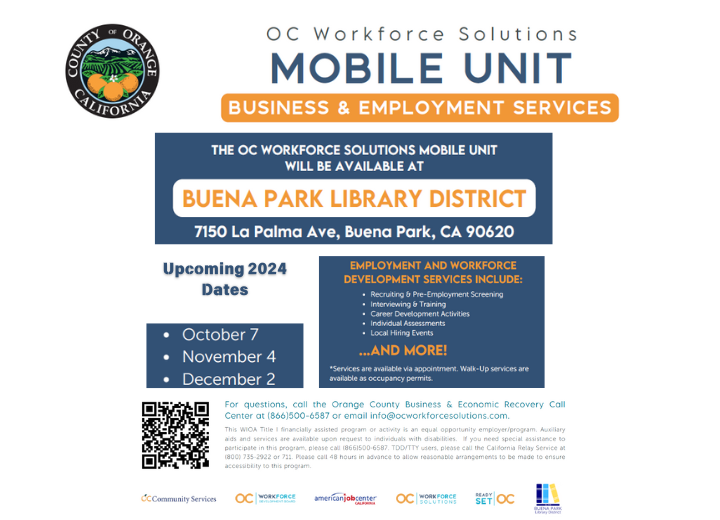 A flyer for OC Workforce Solutions Mobile Unit with dates and locations for employment services at Buena Park Library District.
