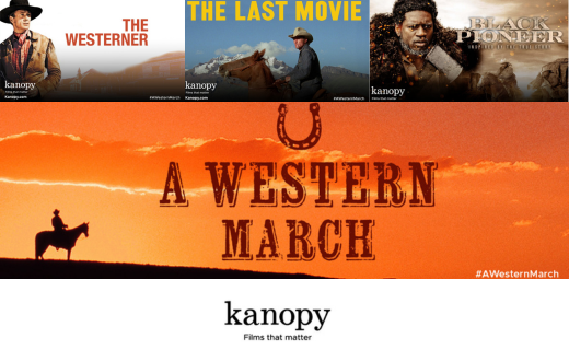 Western movie theme promotion with silhouetted horse rider at sunset and three movie titles: "The Westerner," "The Last Movie," "Black Pioneer." #AWesternMarch