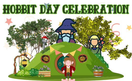 A cartoon of a Hobbit house with a wizard, Hobbit, trees, and "Hobbit Day Celebration" text.