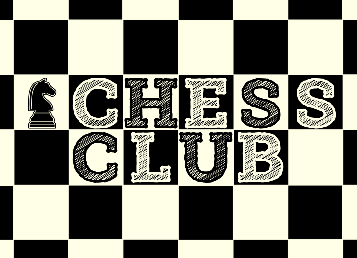 Chess Club text with a knight piece on a checkerboard background.