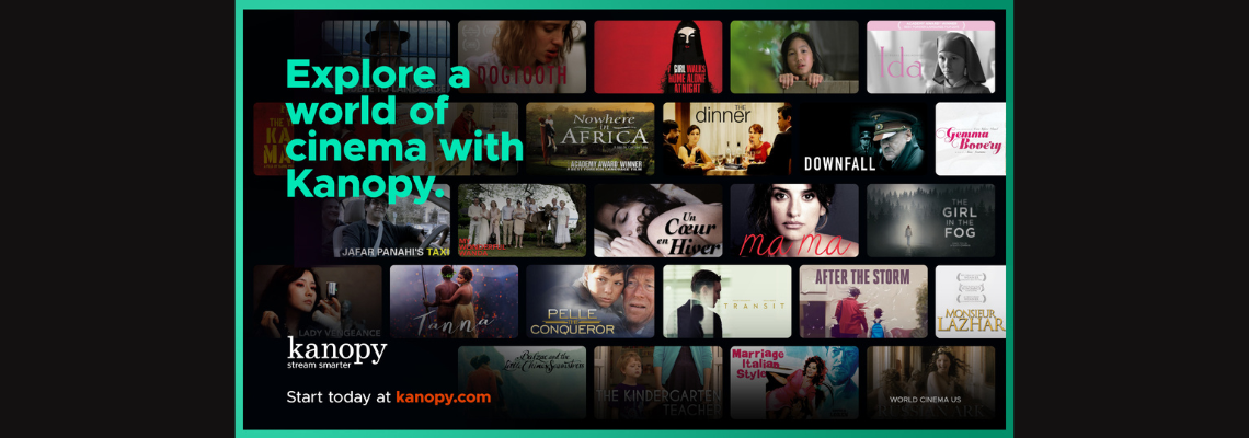 The image promotes Kanopy, showcasing various films and encouraging viewers to explore its cinema offerings.