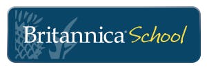 Logo of "Britannica School" with stylized lion and text on blue background.