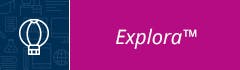 Logo with a hot air balloon icon and the word "Explora™" on a purple background.